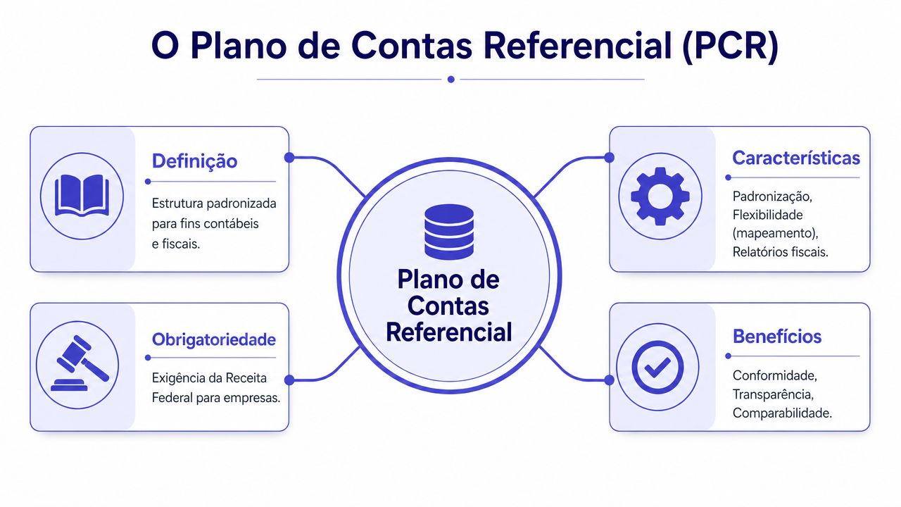 Infográfico ilustrando o conceito, características, obrigatoriedade e benefícios do Plano de Contas Referencial (PCR) para empresas.