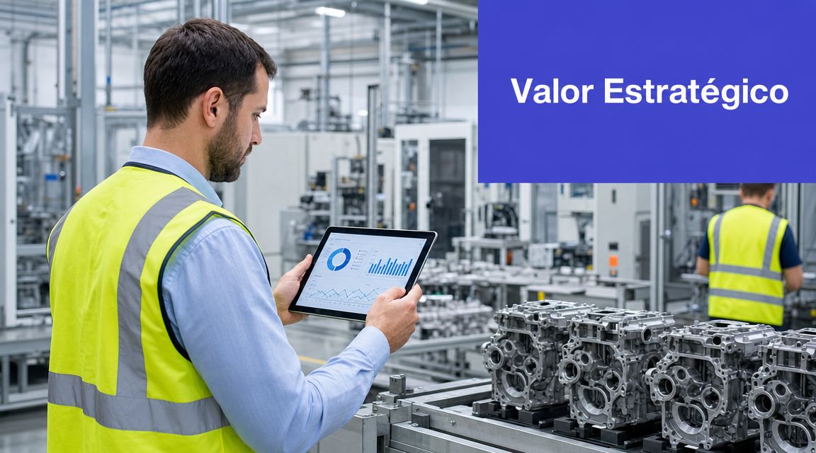 Um engenheiro analisando dados de desempenho em um tablet dentro de uma fábrica com peças automotivas.