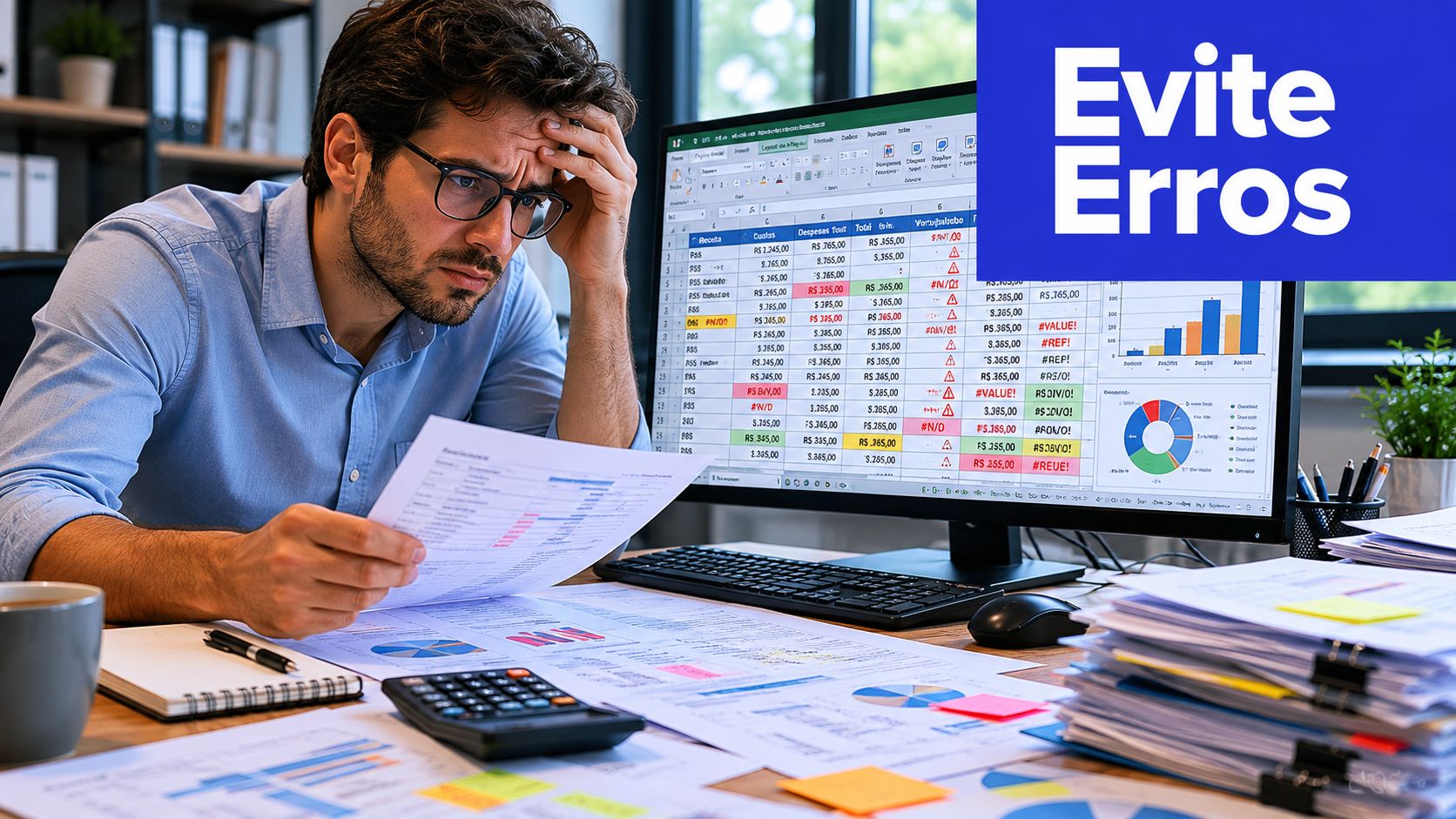 Homem de óculos visivelmente estressado e frustrado analisando planilhas financeiras complexas com muitos erros no computador.