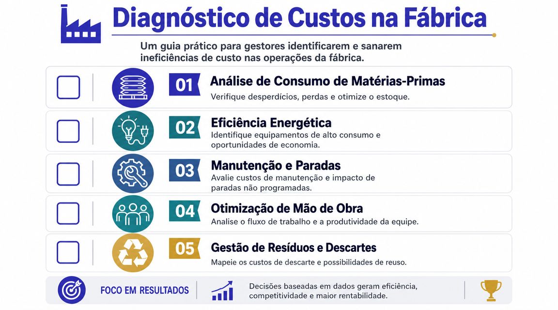 Infográfico com cinco passos essenciais para diagnosticar e otimizar custos operacionais em uma fábrica.