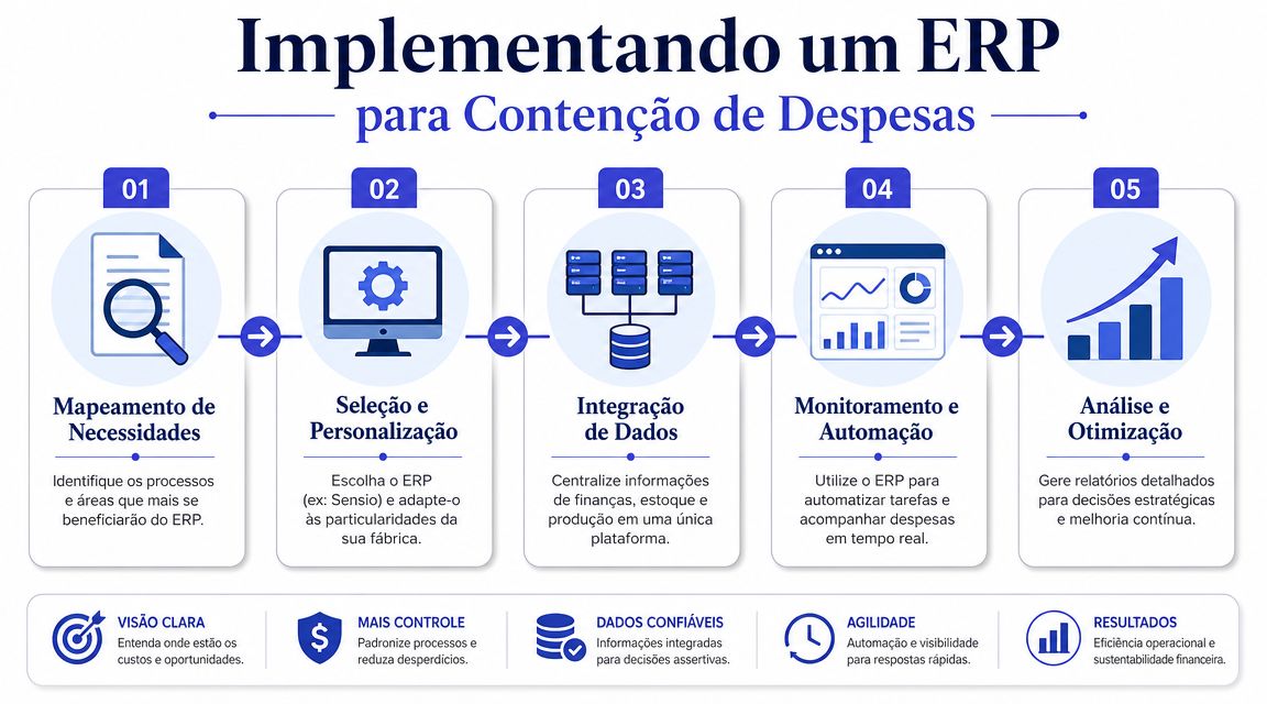 Infográfico ilustrando as cinco etapas para implementação de um sistema ERP visando a contenção de despesas empresariais.