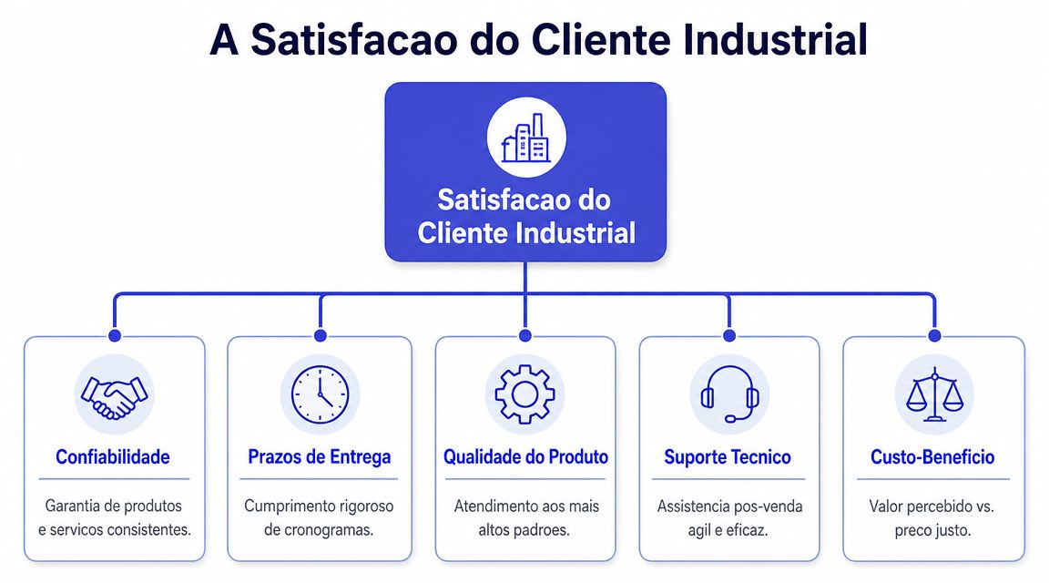 Diagrama mostrando os cinco pilares fundamentais para garantir a satisfação do cliente no setor industrial.