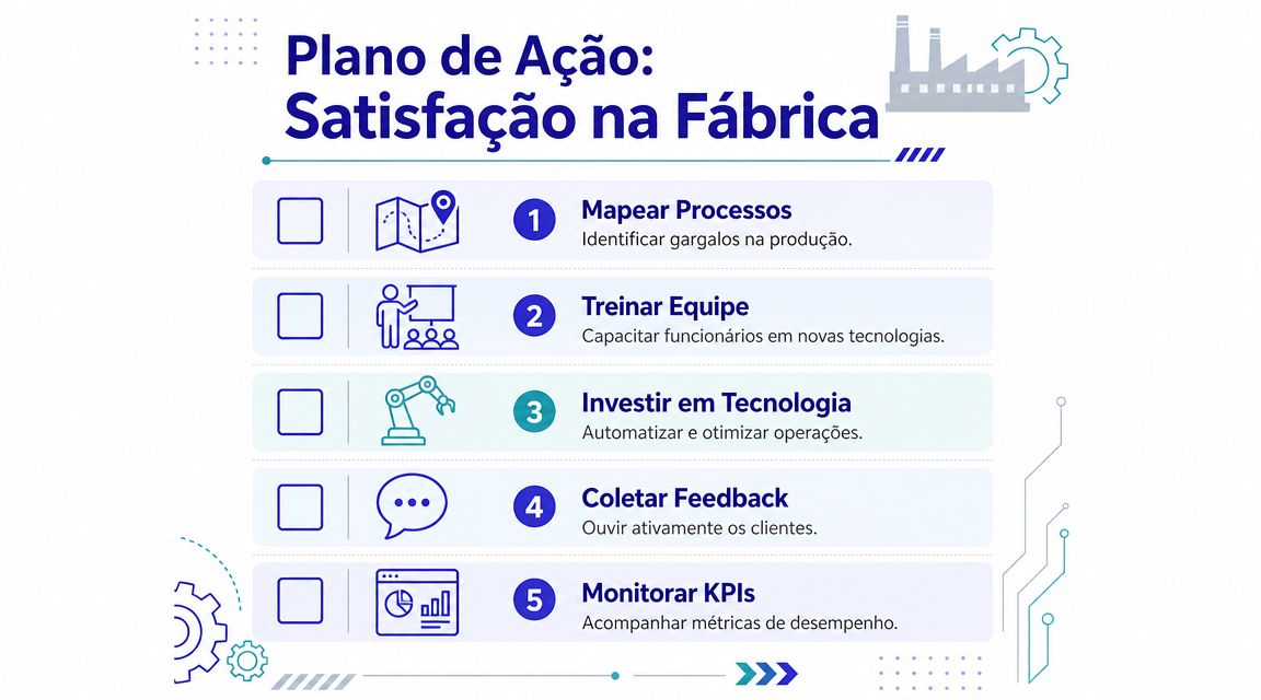 Infográfico intitulado Plano de Ação: Satisfação na Fábrica com cinco etapas numeradas para melhoria operacional.