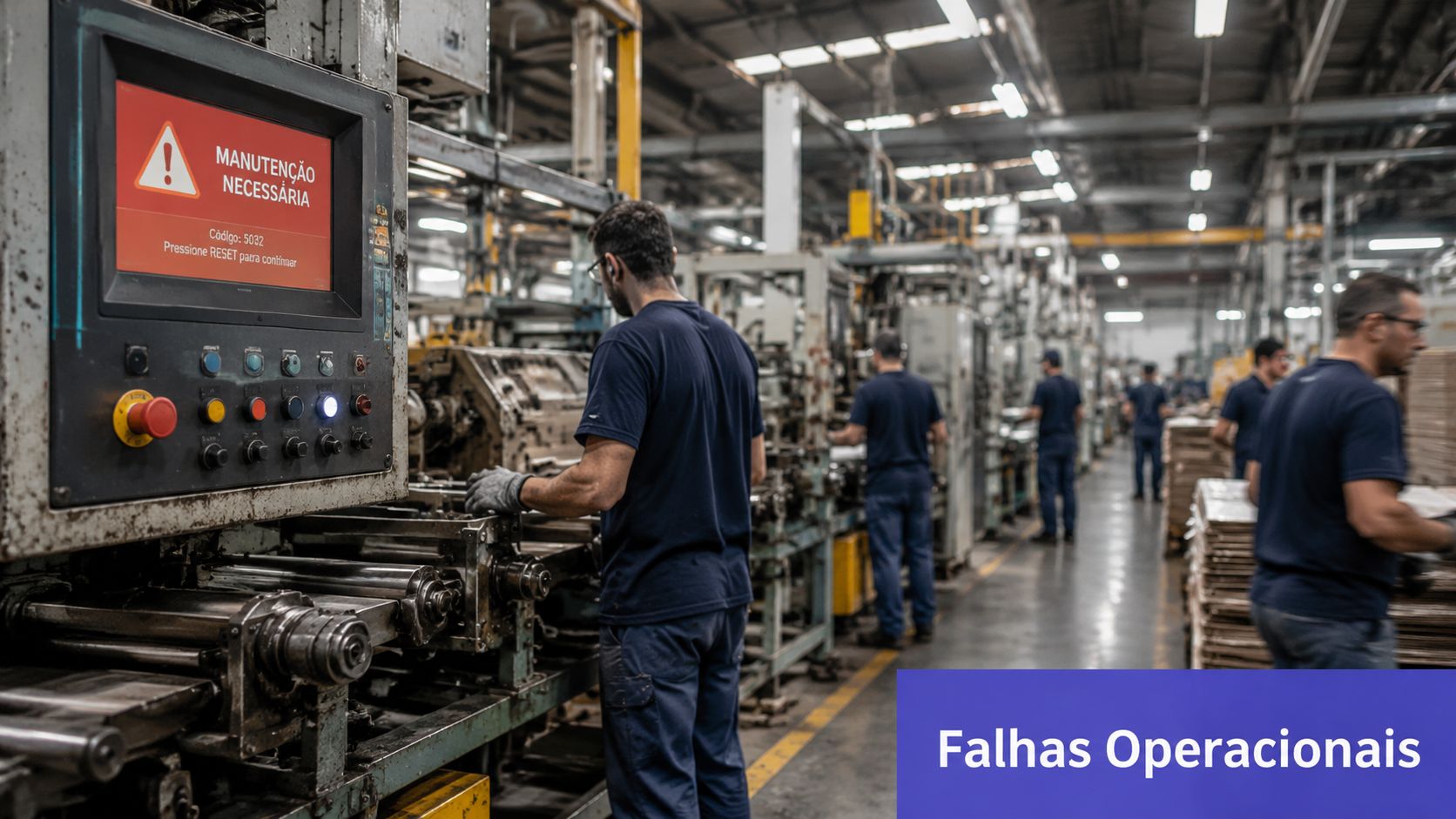 Trabalhadores operando máquinas em uma linha de produção industrial com um aviso de manutenção na tela.