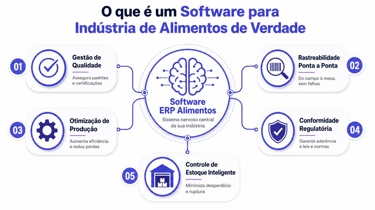 Infográfico detalhando os cinco pilares fundamentais de um sistema ERP para a indústria de alimentos.