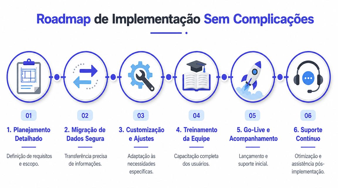 Um fluxograma mostrando o roadmap de implementação de software para empresas de forma clara e simples.