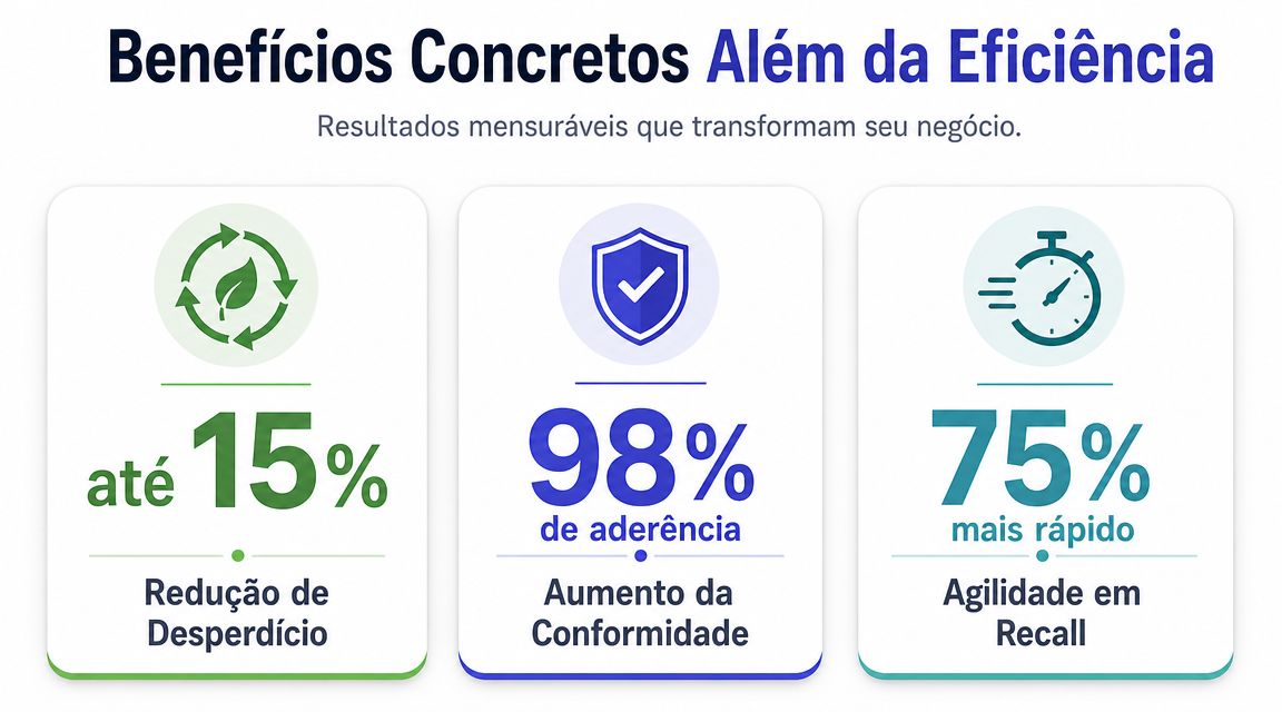 Infográfico apresentando benefícios de eficiência, incluindo redução de desperdício, aumento de conformidade e maior agilidade em recalls.