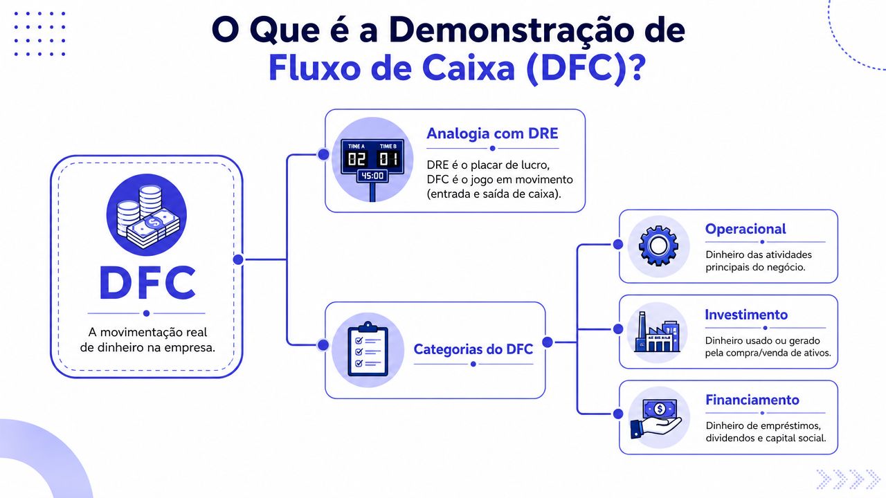 Infográfico explicativo sobre Demonstração de Fluxo de Caixa, destacando o DRE, categorias operacionais, de investimento e financiamento.