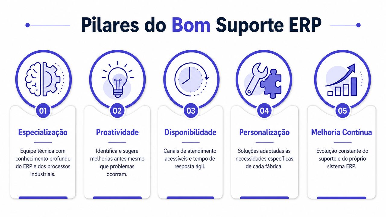 Infográfico com cinco pilares fundamentais para garantir um excelente suporte de sistemas ERP em ambientes industriais.