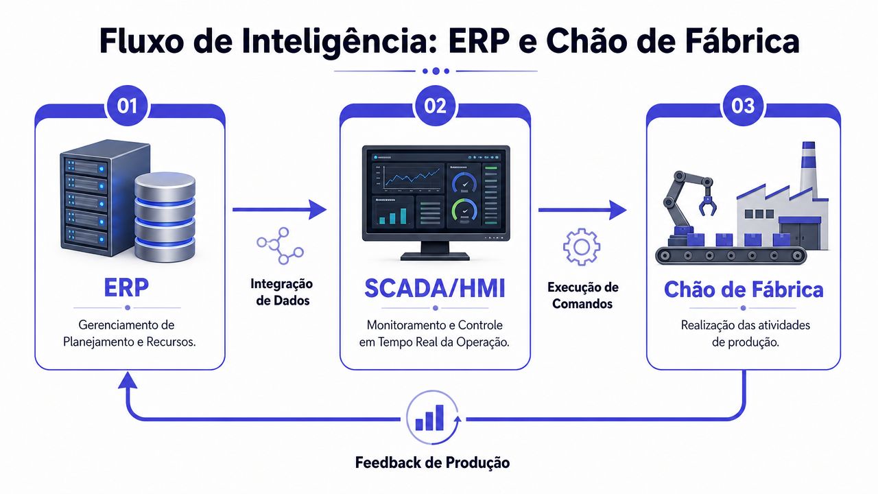 Fluxo de inteligência mostrando a integração entre ERP, sistemas SCADA/HMI e o chão de fábrica industrial.