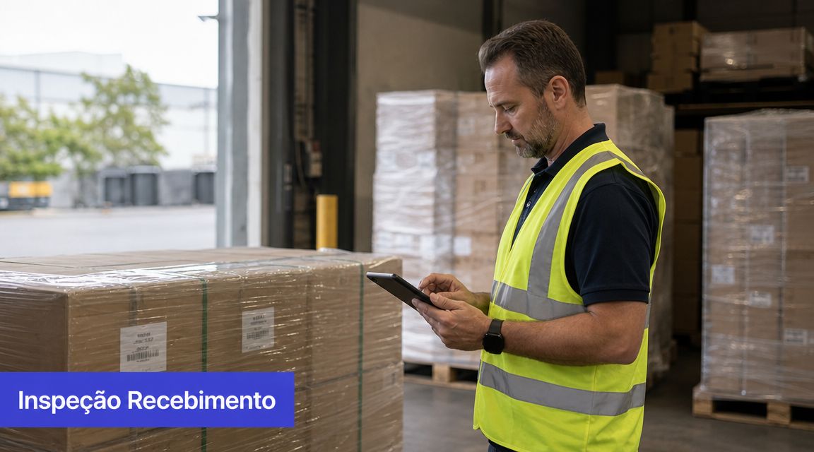 Um funcionário de logística de colete refletivo inspecionando uma carga paletizada com um tablet em um armazém.