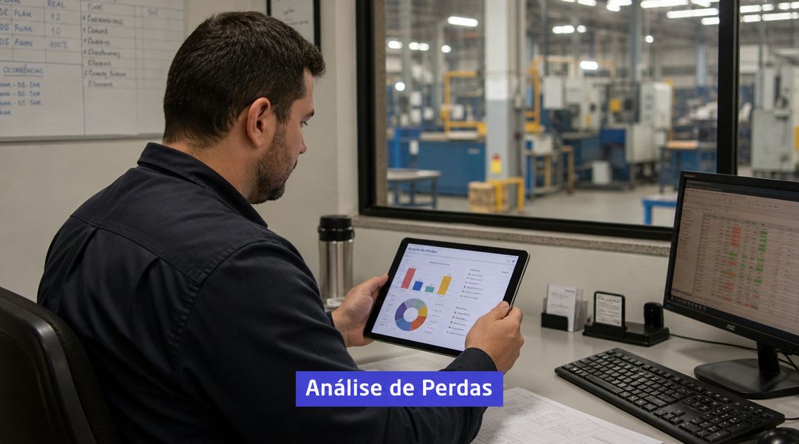 Um profissional analisa dados de perdas em um tablet no ambiente de uma fábrica industrial.