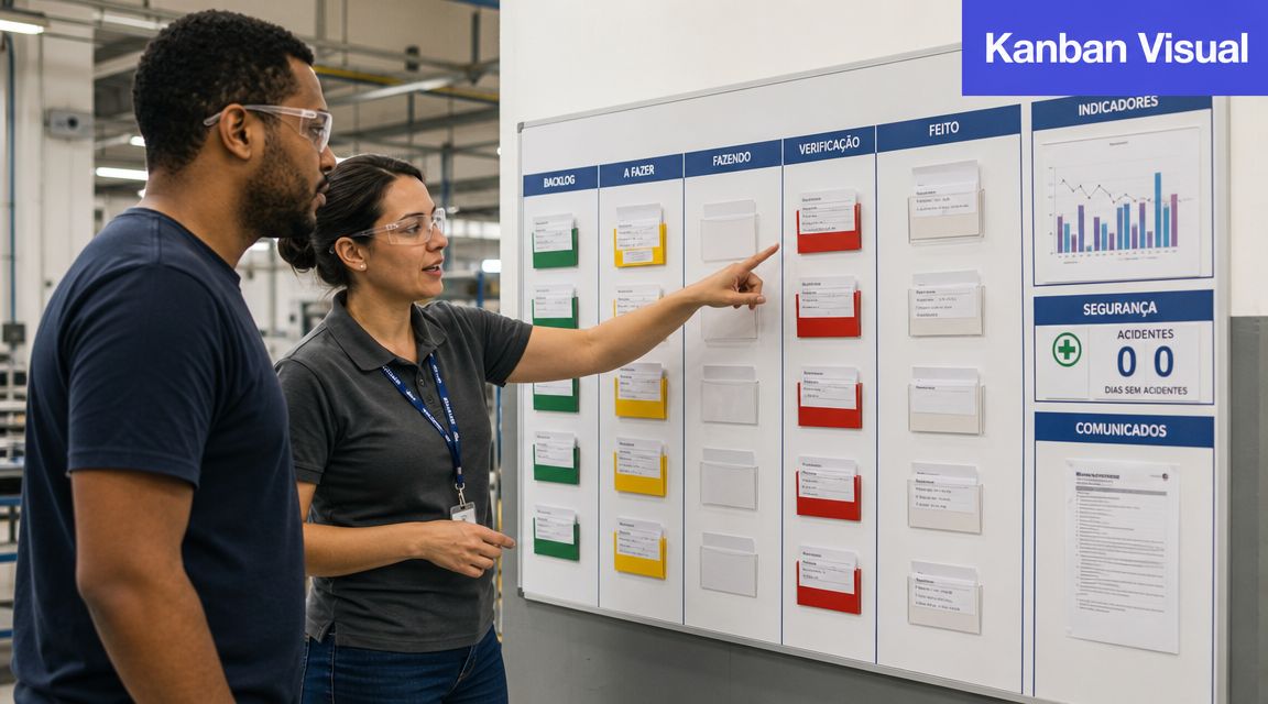 Dois funcionários em uma fábrica analisam um quadro de tarefas Kanban com indicadores de segurança e desempenho.