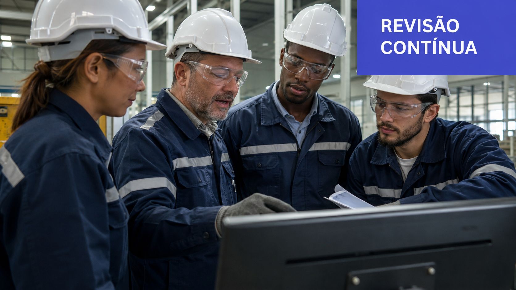 Quatro trabalhadores industriais usando equipamentos de proteção individual revisam planos em frente a um monitor no galpão.