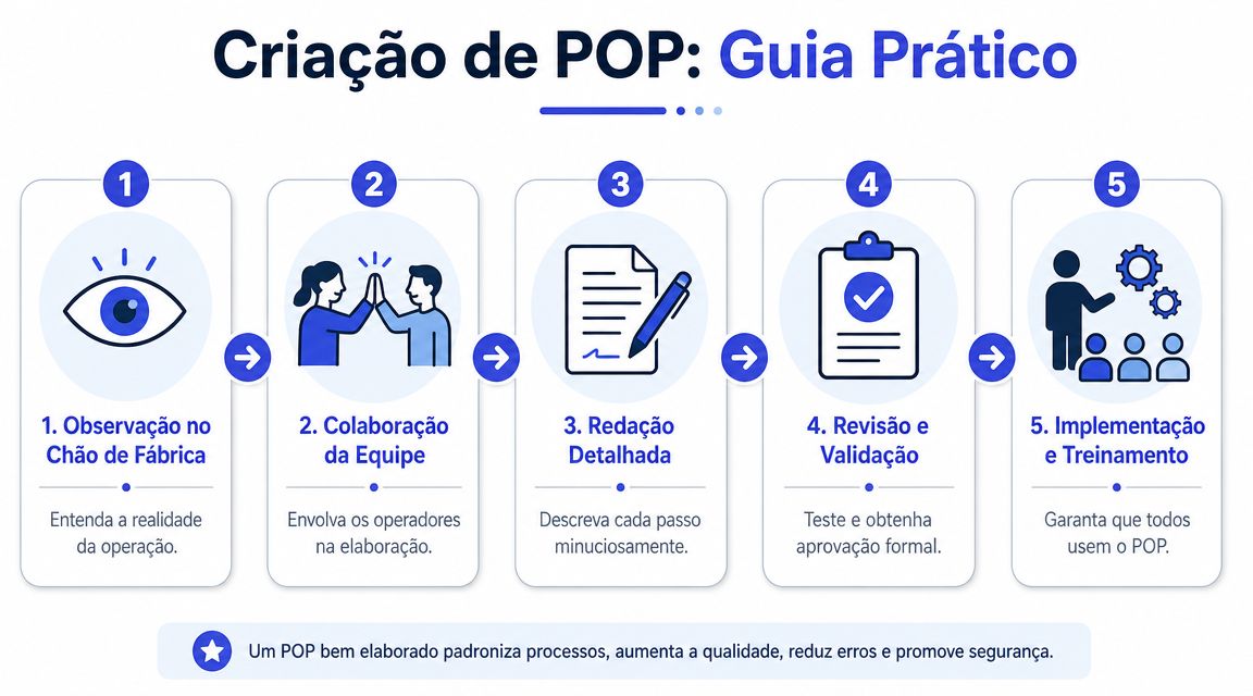 Infográfico com cinco passos para a criação de um Procedimento Operacional Padrão, do planejamento à implementação.