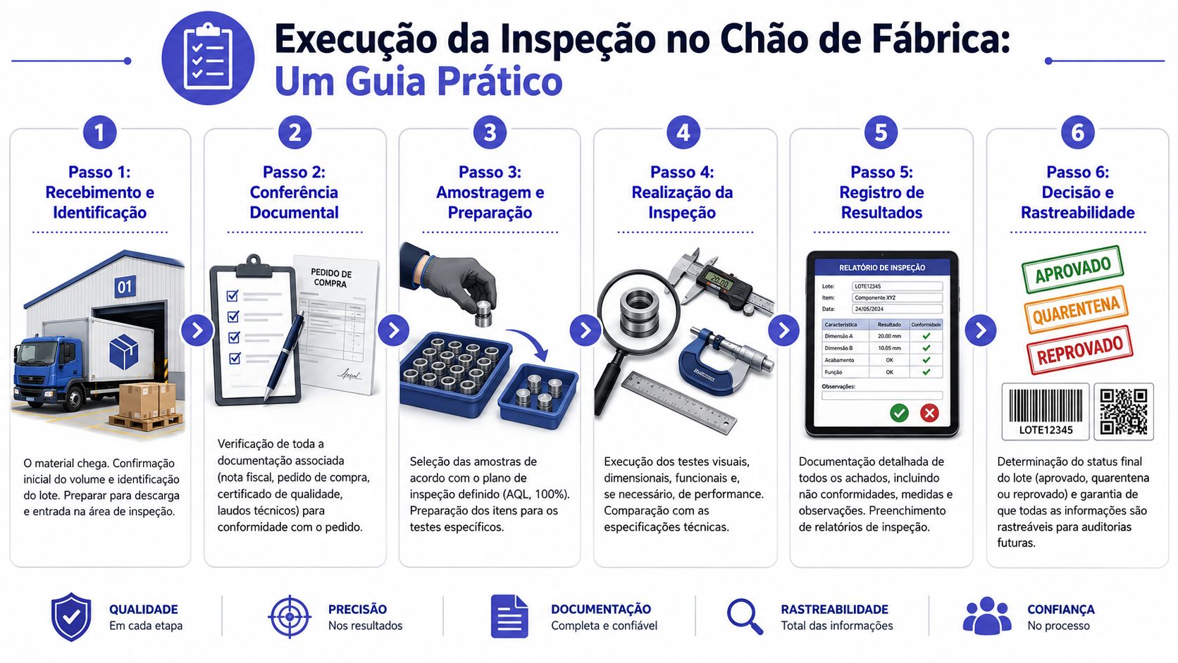 Fluxograma de seis passos para a execução de inspeção de qualidade em um ambiente de fábrica.