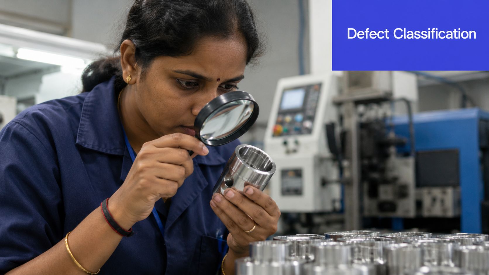 Uma funcionária de fábrica inspeciona uma peça de metal usando uma lupa em uma oficina industrial.