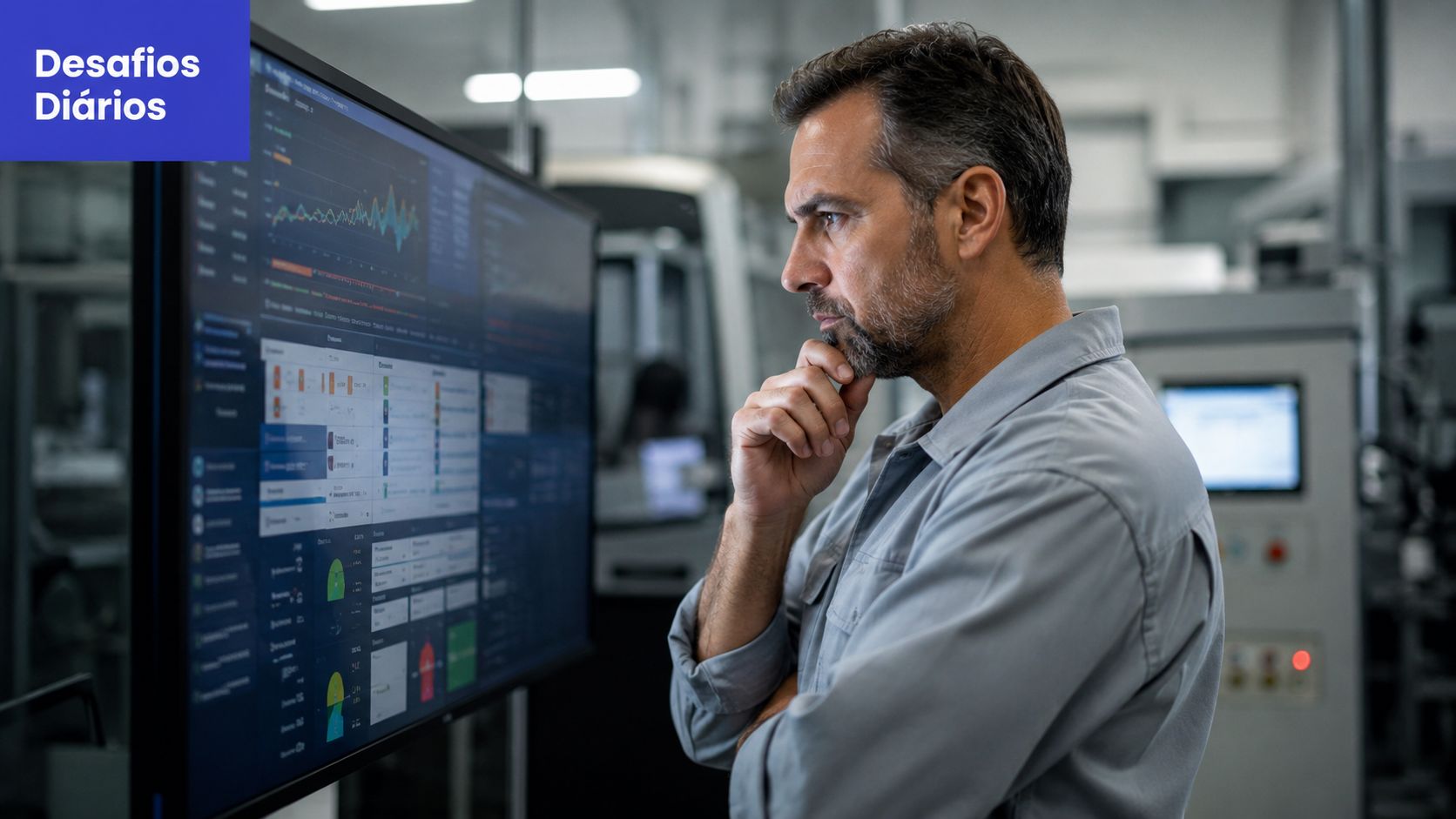 Engenheiro experiente analisando dados complexos em um painel digital dentro de uma fábrica moderna de alta tecnologia.