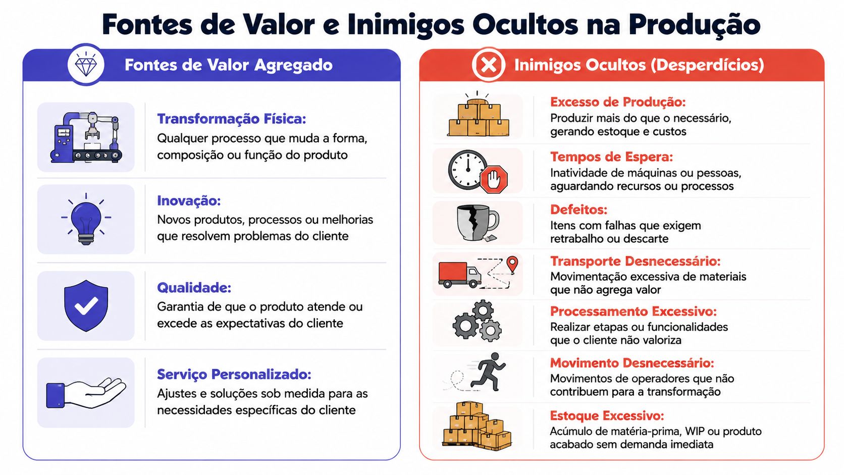 Infográfico comparando fontes de valor agregado com os desperdícios ocultos nos processos produtivos e industriais.