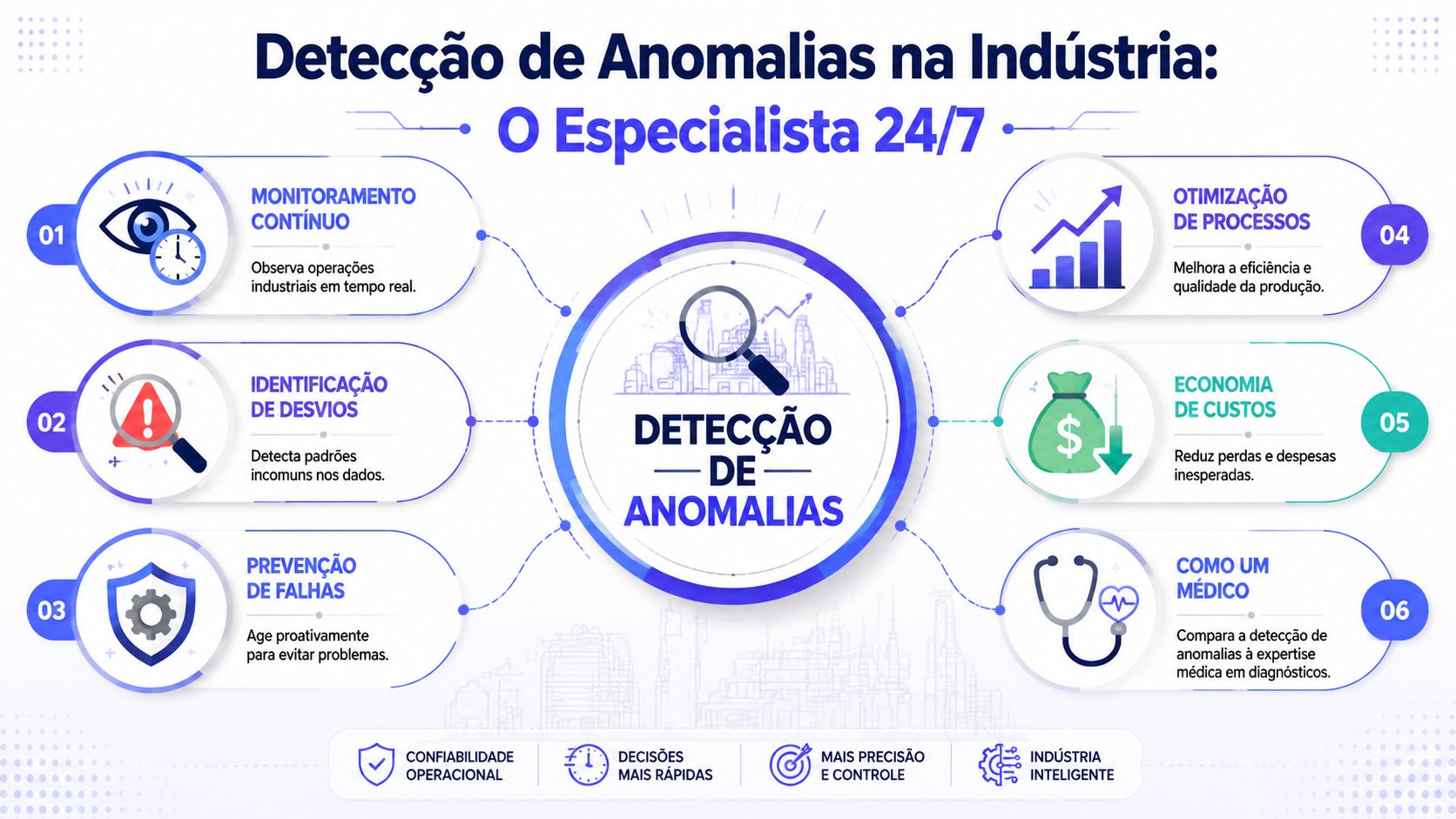 Infográfico sobre detecção de anomalias na indústria, destacando monitoramento contínuo, otimização de processos, economia e prevenção de falhas.