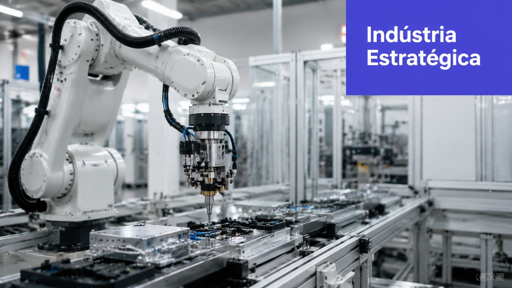 Braço robótico branco em uma linha de montagem industrial realizando trabalho de precisão em uma fábrica.