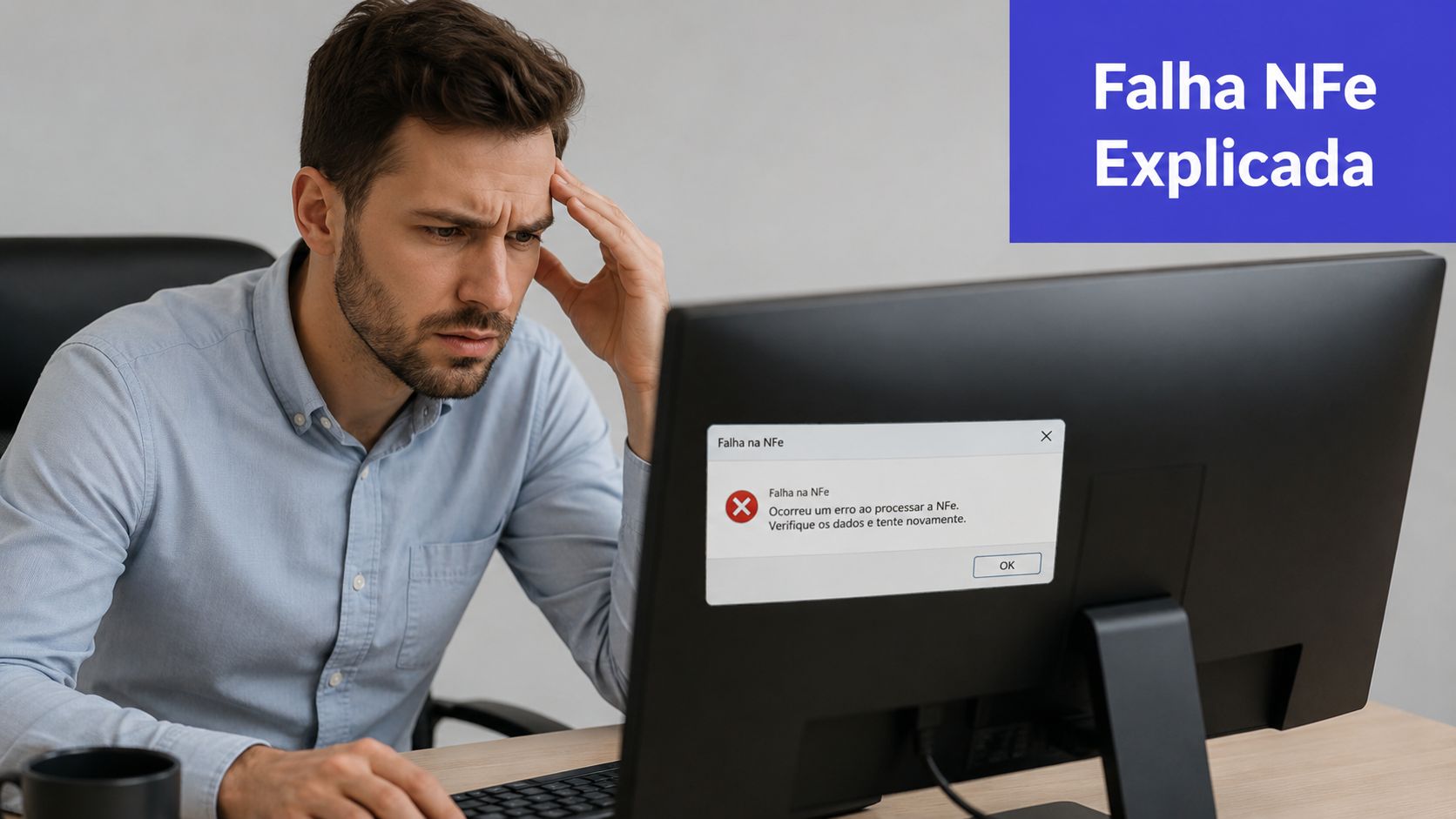 Um homem preocupado sentado em frente ao computador, observando uma mensagem de erro na tela sobre nota fiscal.