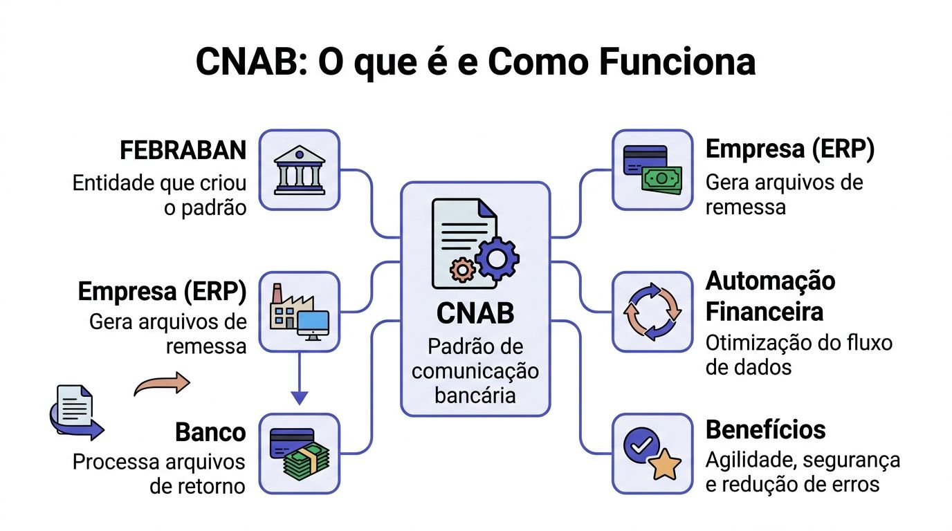 Diagrama explicativo sobre o funcionamento e os benefícios do padrão de comunicação bancária CNAB no Brasil.