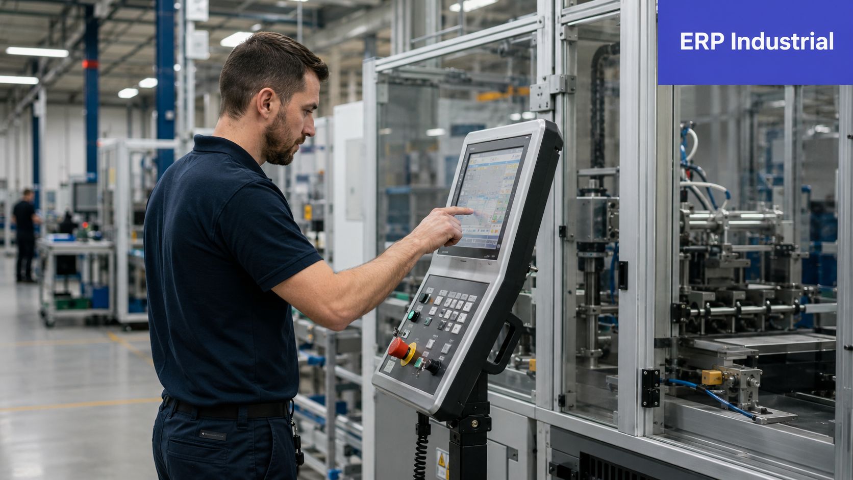 Um operador de fábrica interagindo com um painel de controle de uma máquina industrial automatizada.