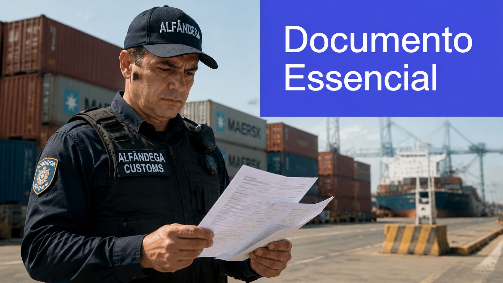 Um oficial da alfândega analisando um documento importante em um porto movimentado com contêineres ao fundo.