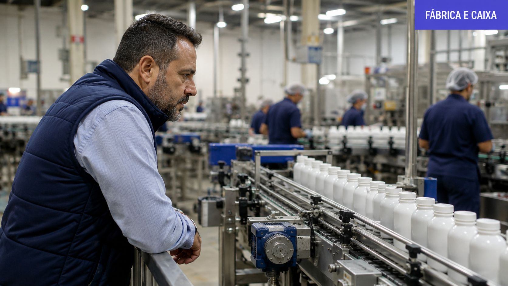 Homem de barba observa linha de produção industrial de frascos brancos em uma fábrica moderna.