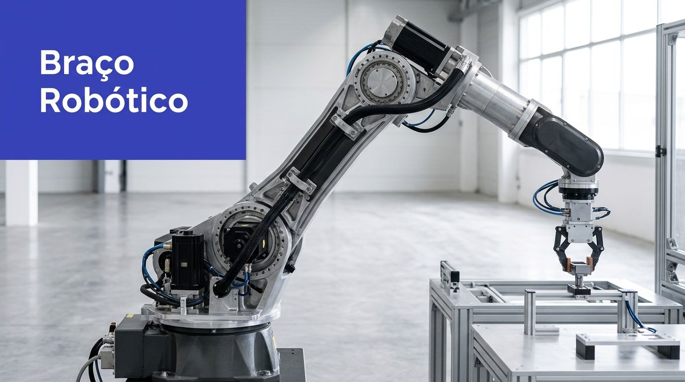 Braço robótico industrial automatizado posicionado sobre uma bancada metálica em uma fábrica moderna e limpa.