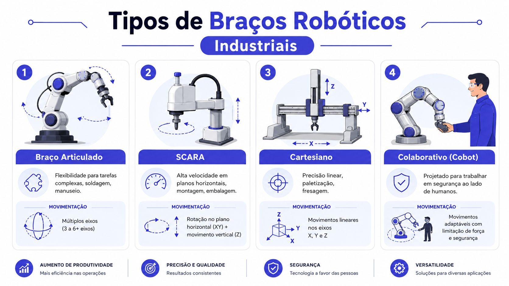 Infográfico ilustrando os quatro tipos principais de braços robóticos industriais com suas características e movimentos técnicos específicos.