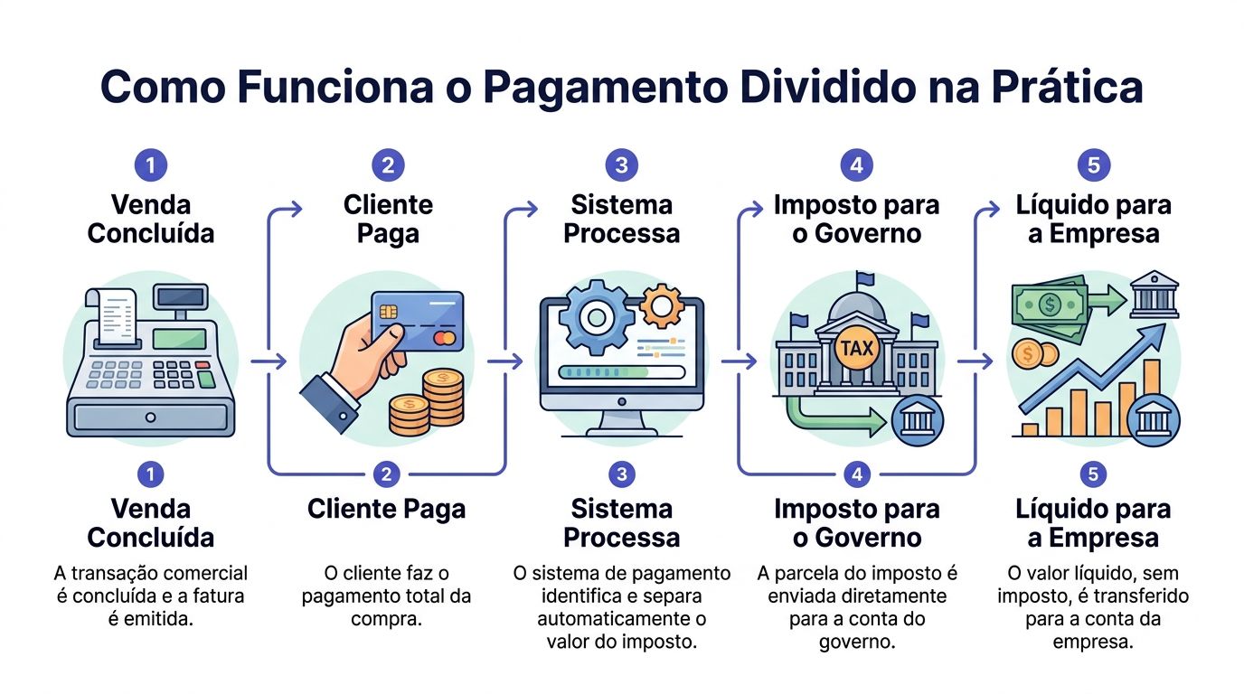 Infográfico explicativo sobre o fluxo do pagamento dividido automatizado de impostos para empresas e governo.