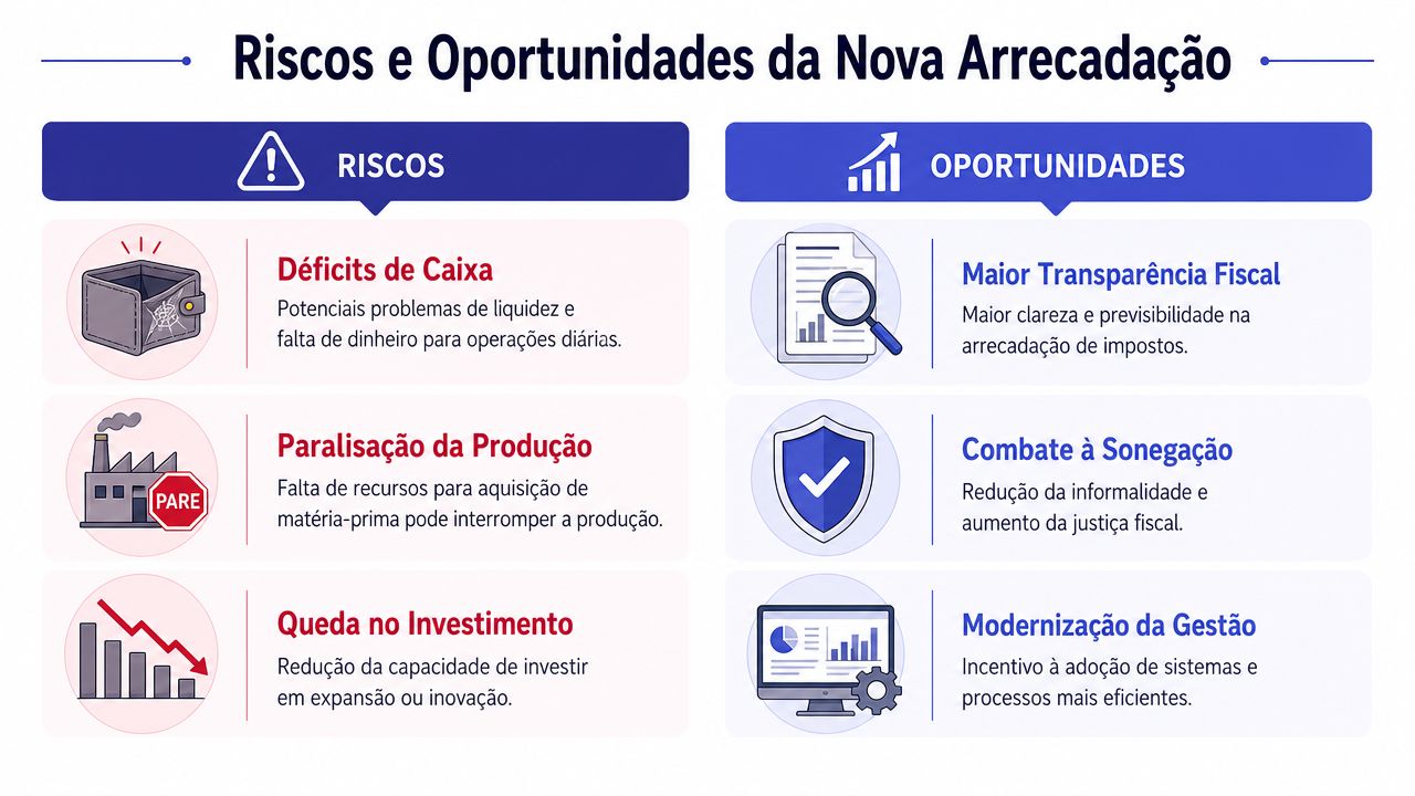 Infográfico comparativo sobre riscos e oportunidades da nova arrecadação tributária, destacando pontos críticos e benefícios fiscais.