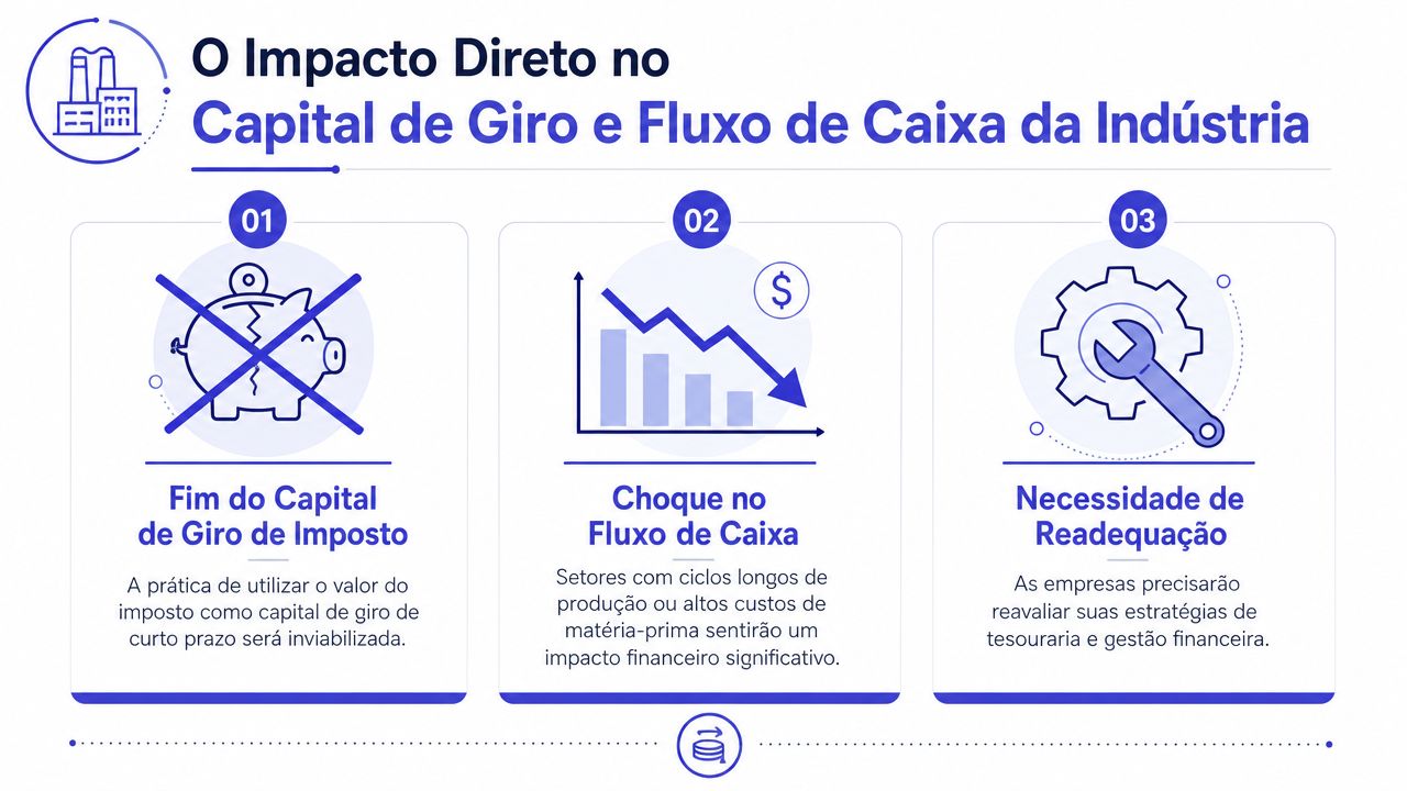 Infográfico sobre o impacto direto da reforma tributária no capital de giro e fluxo de caixa industrial.