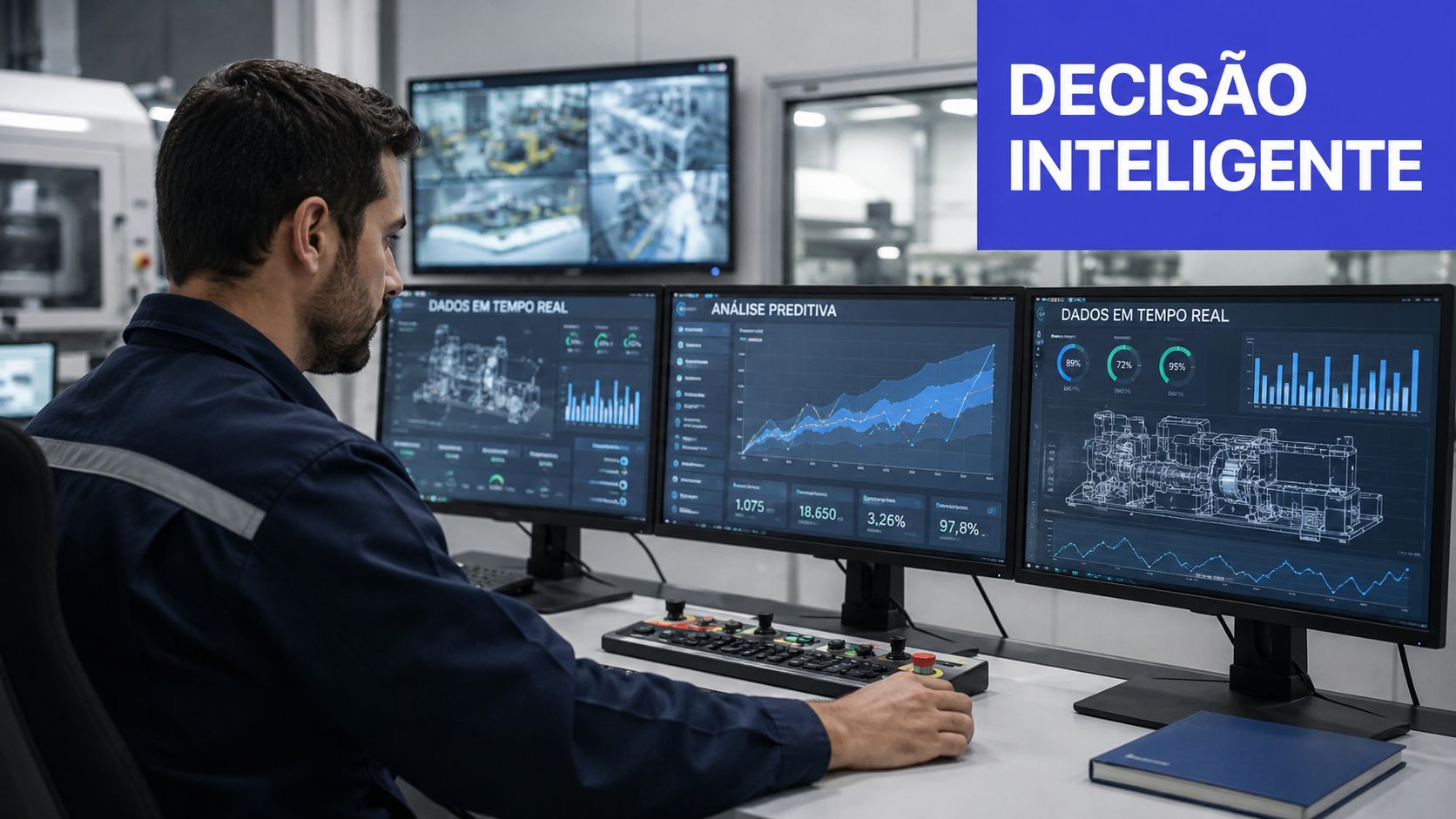 Operador técnico monitorando painéis de dados em tempo real e análise preditiva em uma central de controle industrial.