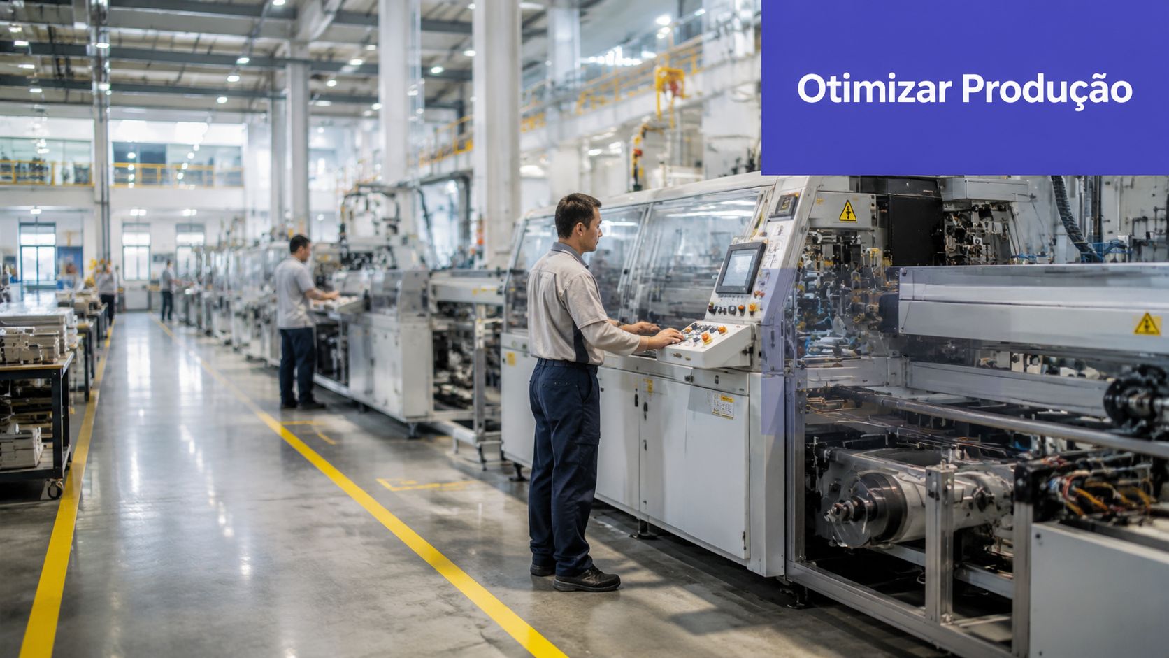 Operador trabalhando em uma máquina industrial em uma fábrica moderna e bem iluminada para controle de qualidade.