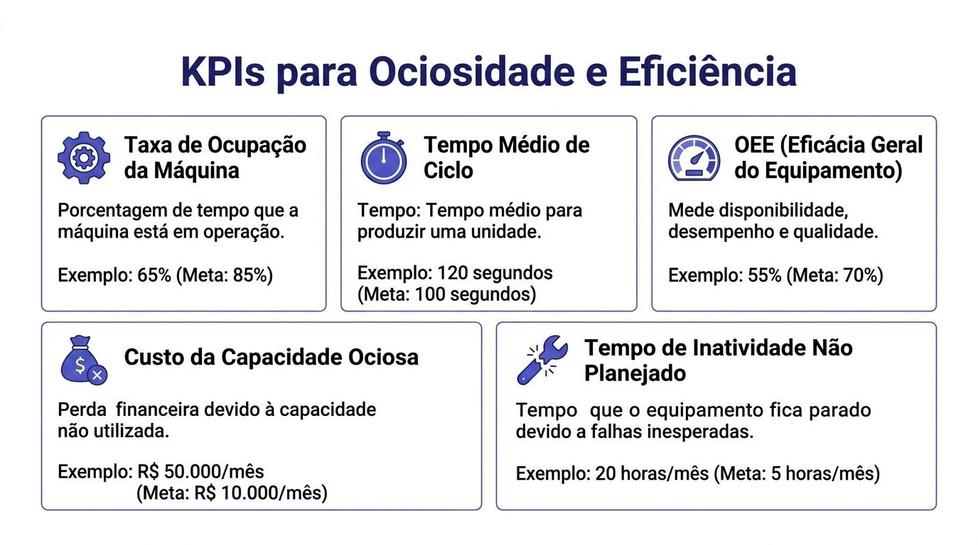 Infográfico com cinco KPIs essenciais para medir a ociosidade e eficiência de máquinas industriais.