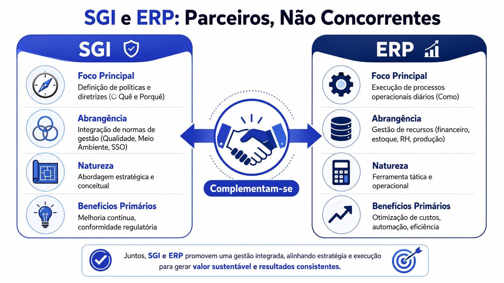 Infográfico comparativo mostrando a relação de parceria e complementariedade entre os sistemas SGI e ERP nas empresas.