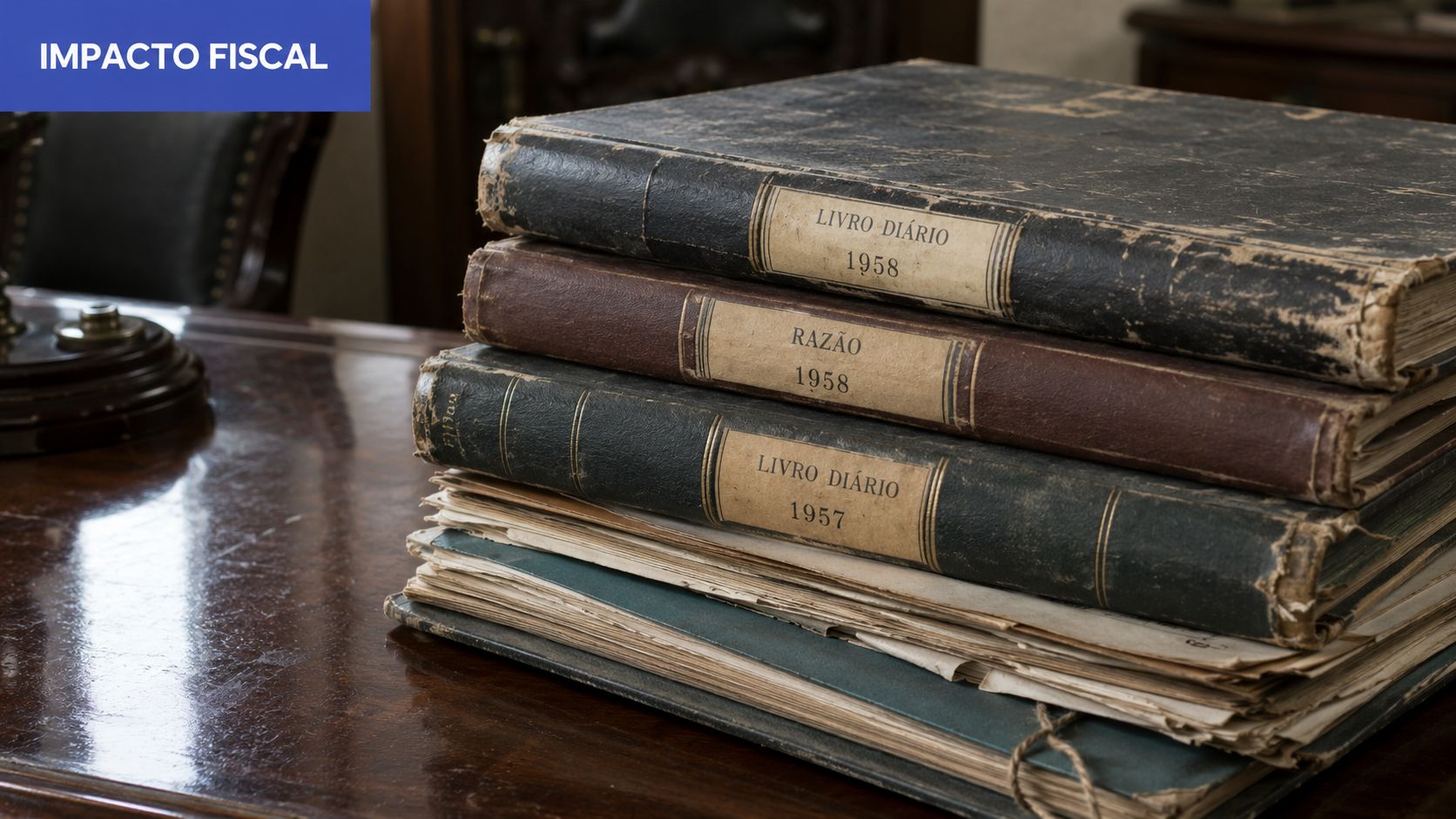Pilha de livros contábeis antigos e documentos fiscais sobre uma mesa de madeira em escritório clássico.