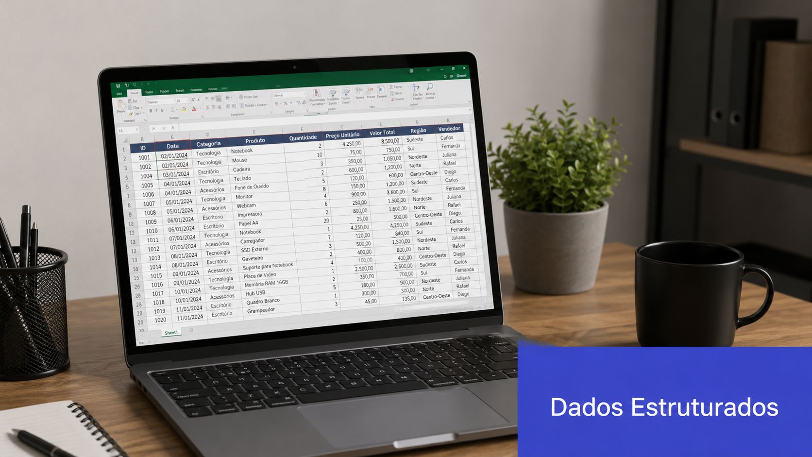 Laptop exibindo uma planilha de controle de estoque com dados organizados em uma mesa de escritório.