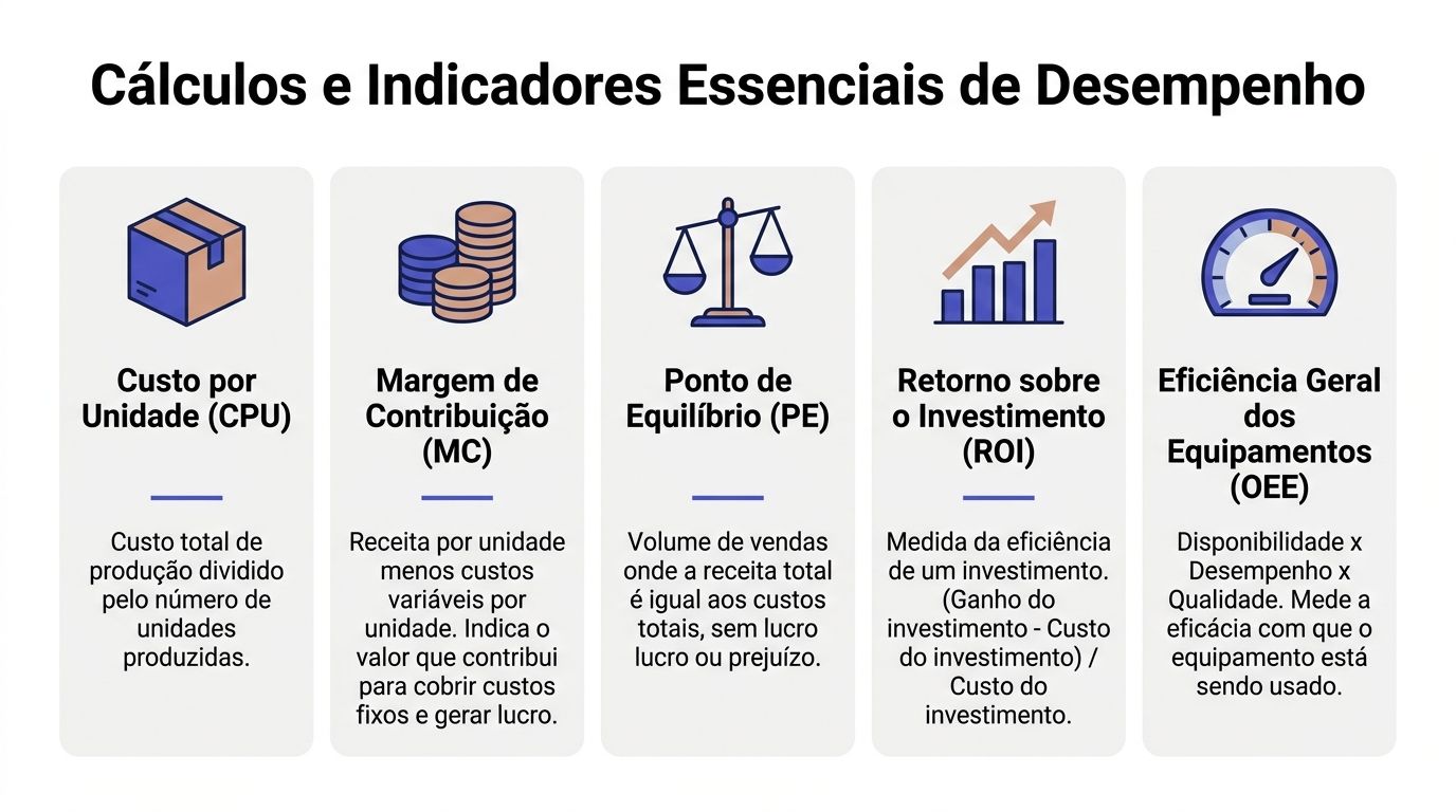Infográfico apresentando cinco cálculos e indicadores essenciais de desempenho para a gestão de produção industrial.