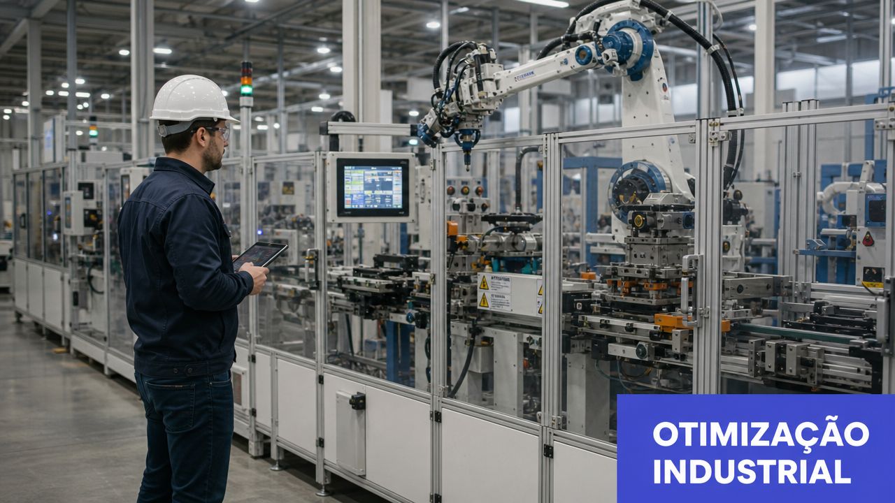 Engenheiro de capacete branco operando tablet em uma fábrica automatizada com braço robótico industrial ao fundo.
