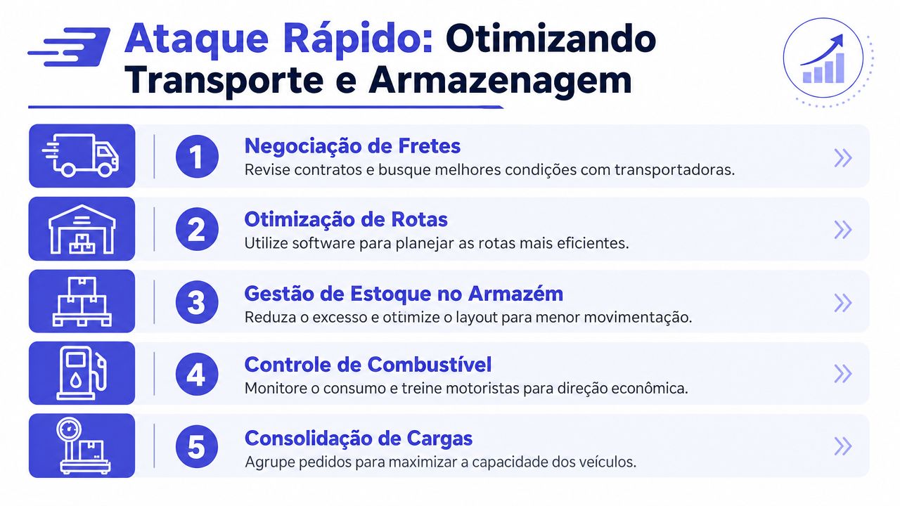 Infográfico com cinco estratégias de otimização de transporte e armazenamento para reduzir custos logísticos nas empresas.