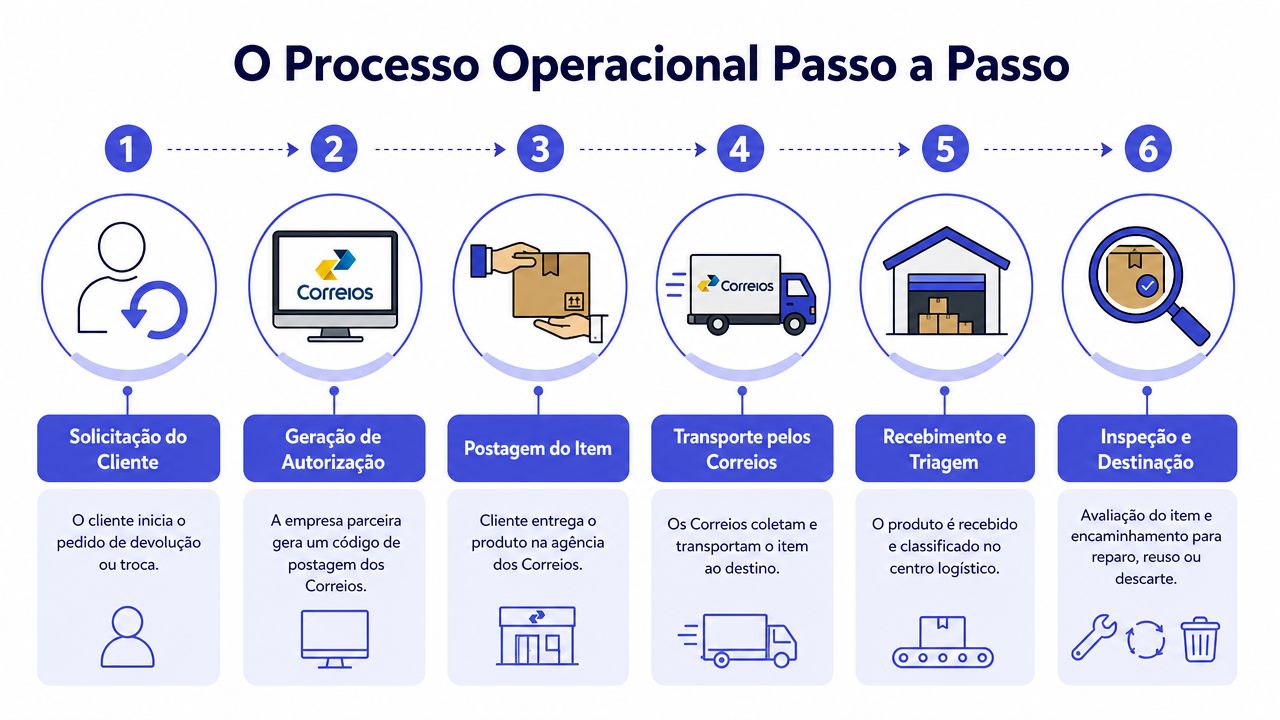 Infográfico detalhando o processo operacional passo a passo da logística reversa dos Correios para devoluções e trocas.