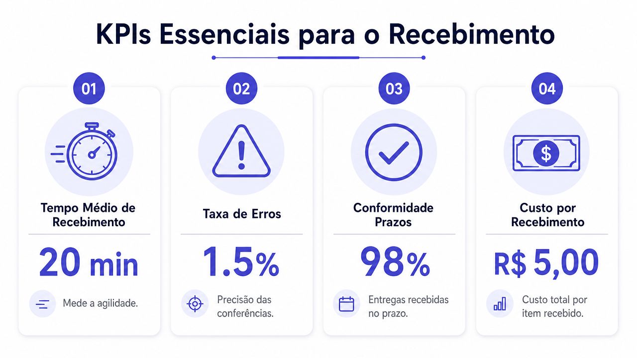 Infográfico com quatro KPIs essenciais para o recebimento de materiais, incluindo tempo, erros, conformidade e custos.