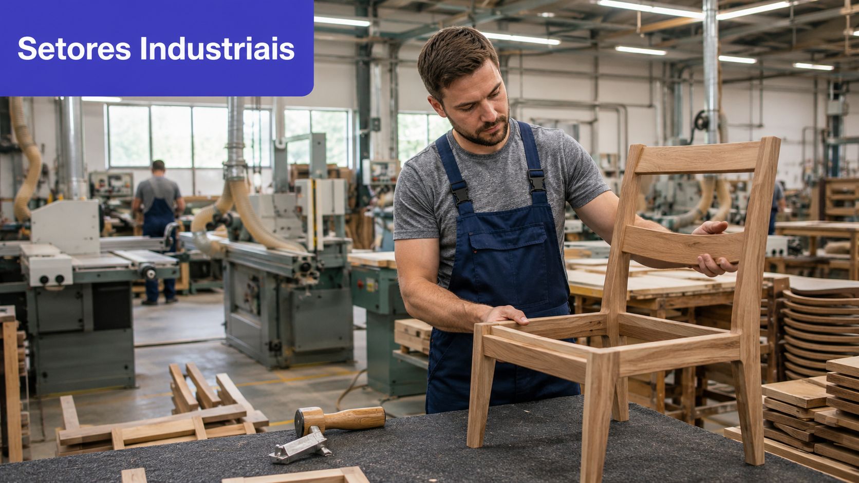 Um carpinteiro trabalhando na montagem de uma cadeira de madeira em uma oficina industrial bem equipada.
