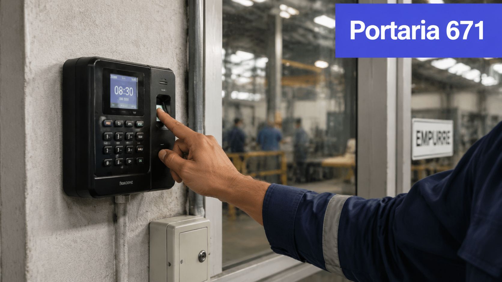 Funcionário utilizando um relógio de ponto biométrico para registrar sua jornada de trabalho em uma indústria.