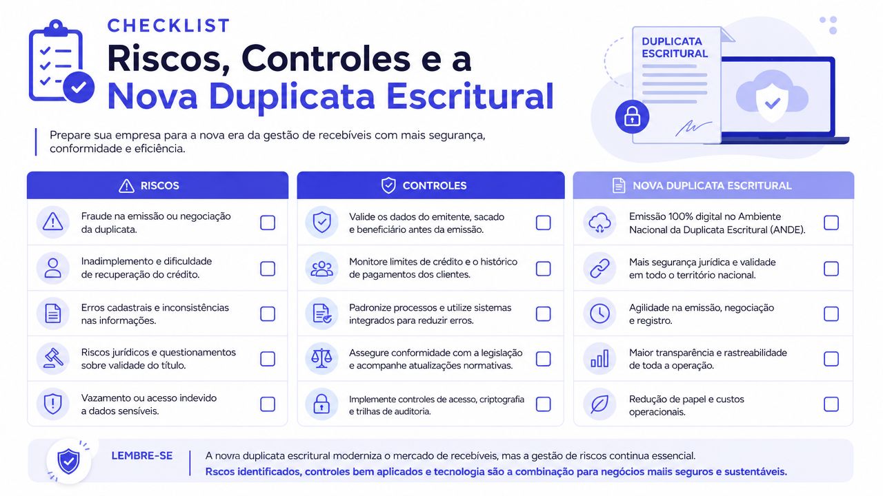 Infográfico explicativo sobre riscos, controles e benefícios da nova duplicata escritural para empresas e gestão financeira.