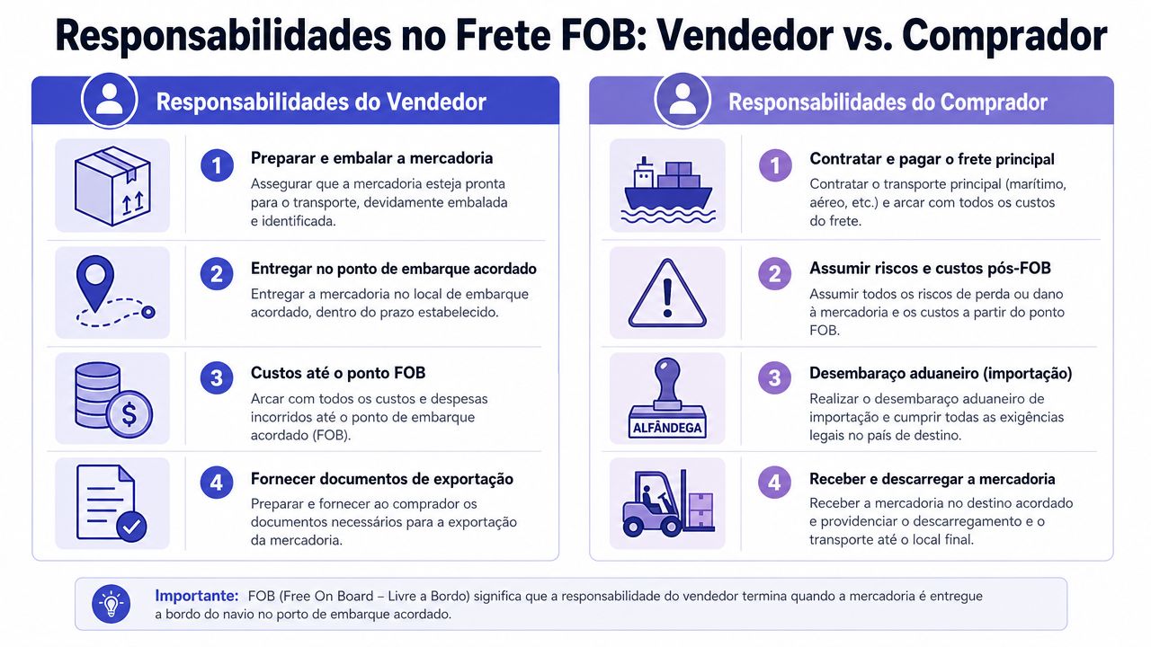 Infográfico detalhando as responsabilidades do vendedor e do comprador na modalidade de frete FOB no comércio internacional.